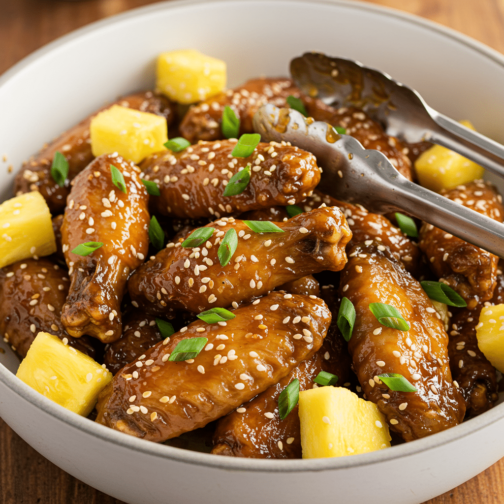 Bowl of finished Brown Sugar Pineapple Wings with garnishes.