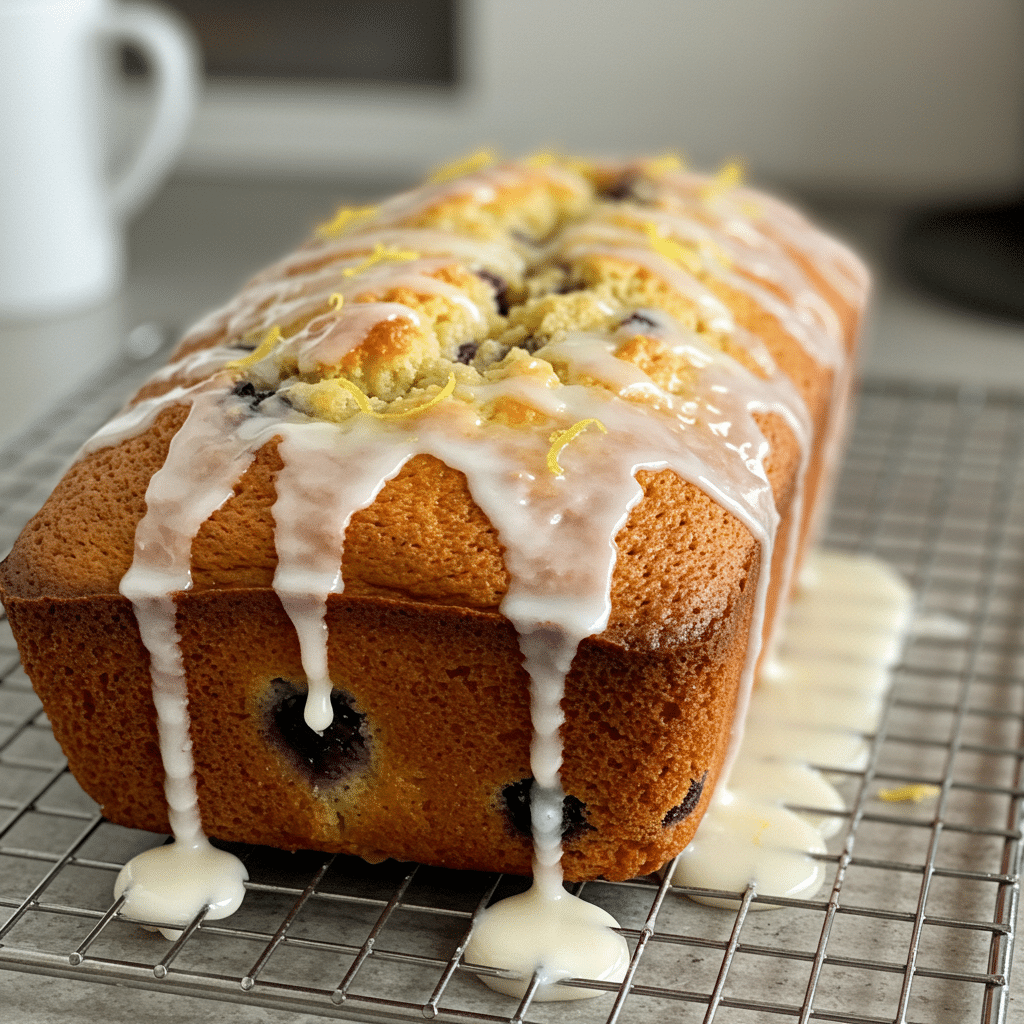 Glazed Lemon Blueberry Bread loaf with visible blueberries.