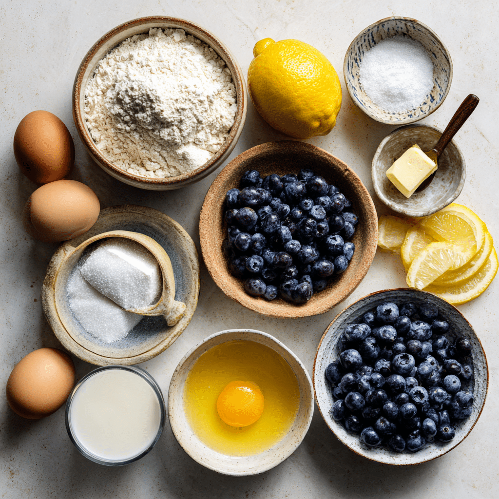 Ingredients for making Lemon Blueberry Bread.