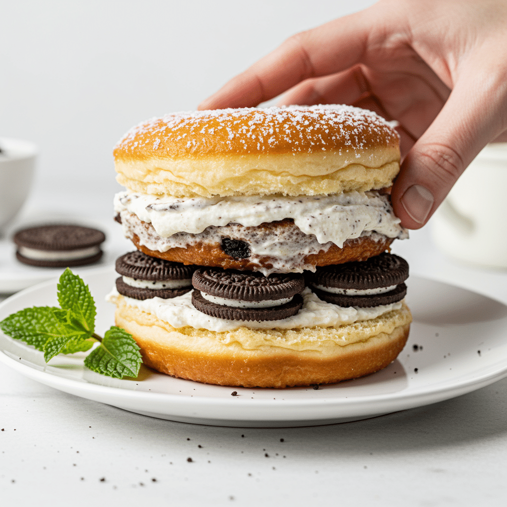 Serving a fresh Oreo Cheesecake Stuffed Donut Burger.