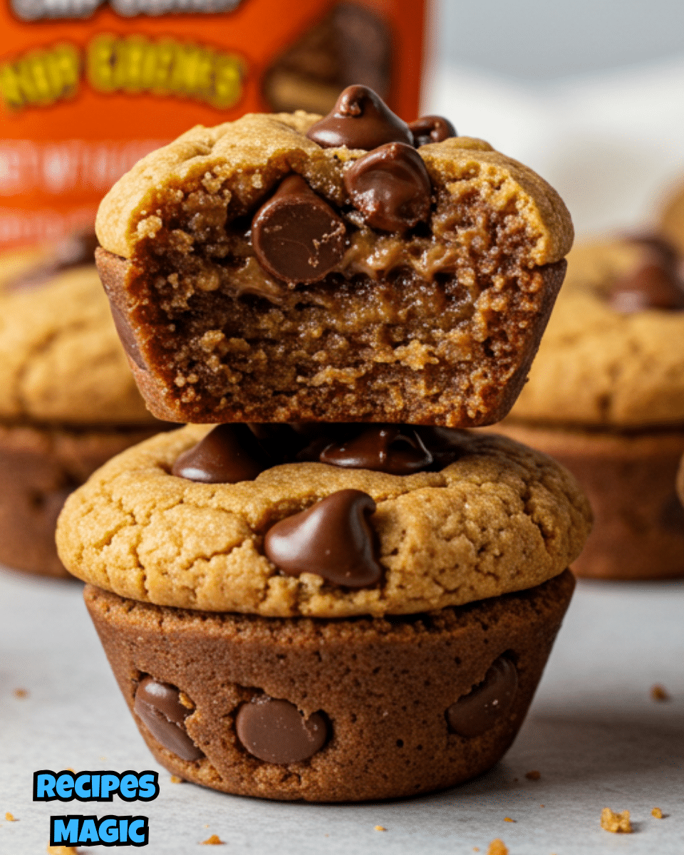Warm and gooey Reese's Chocolate Chip Cookie Bite in a muffin pan.