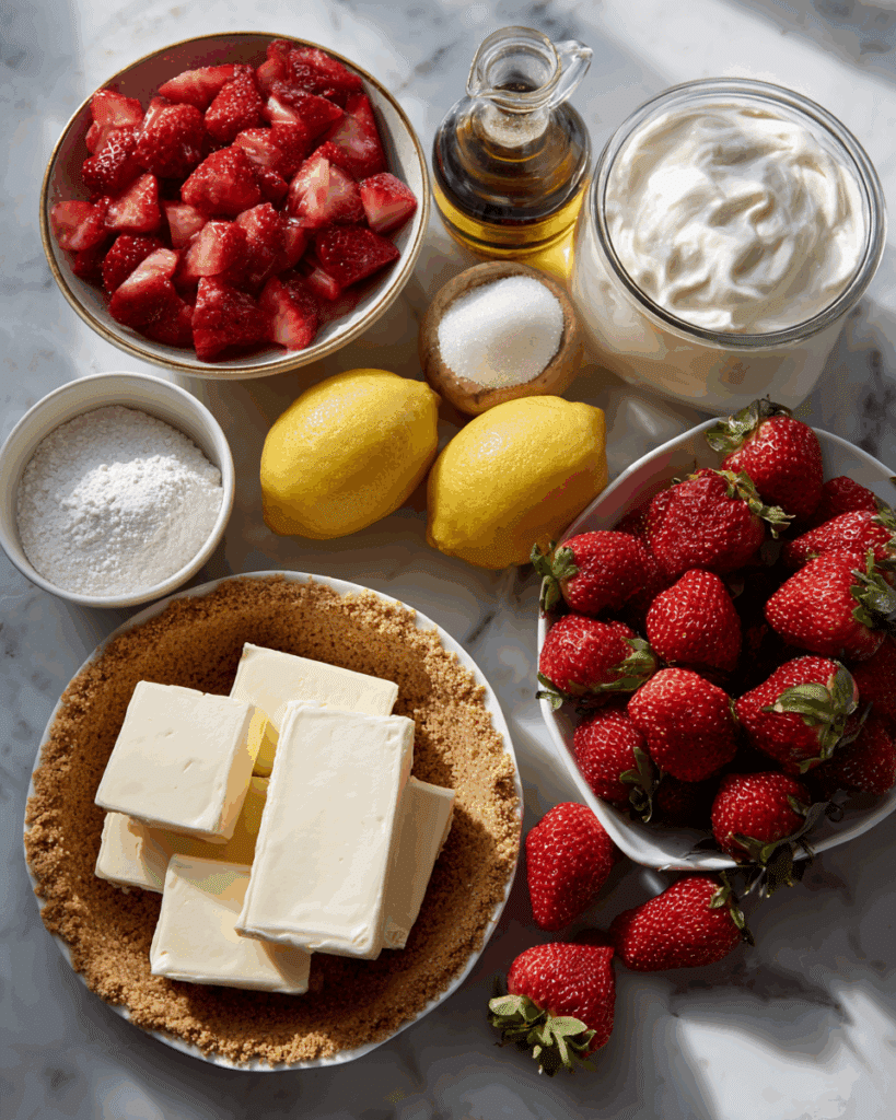 Ingredients for making Strawberry Cream Cheese Pie – No-Bake.