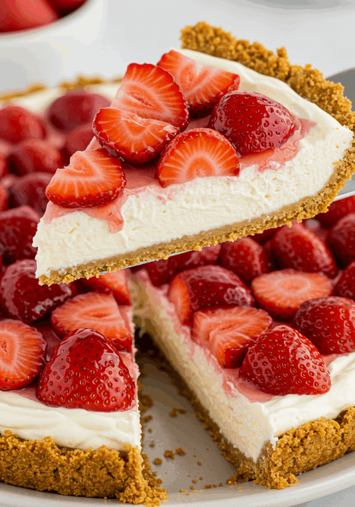 A served slice of Strawberry Cream Cheese Pie – No-Bake.