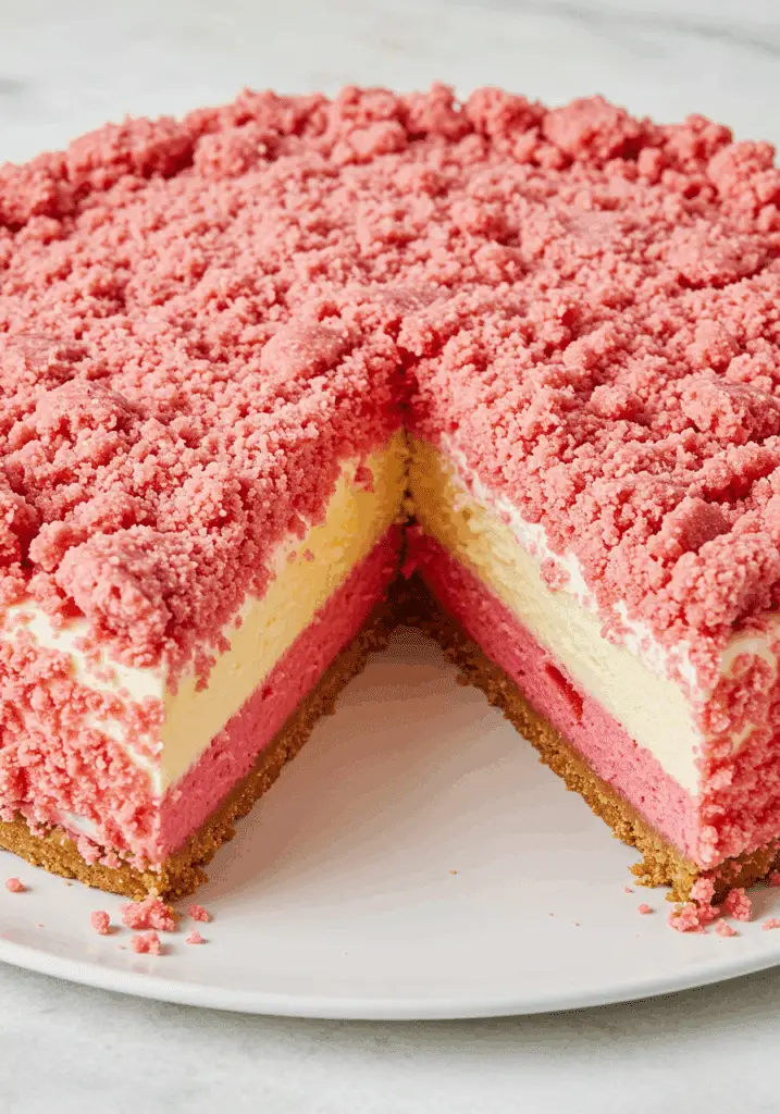 Beautifully layered Strawberry Shortcake Cheesecake Cake slice.