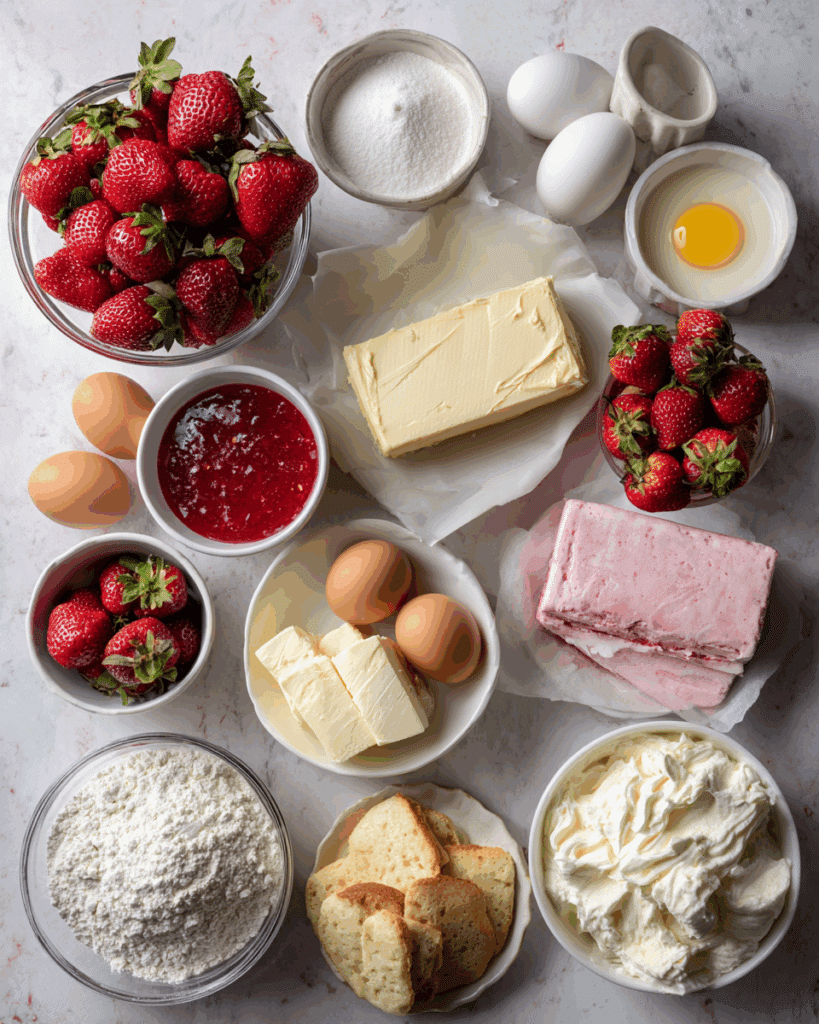 All ingredients for Strawberry Shortcake Cheesecake Cake.