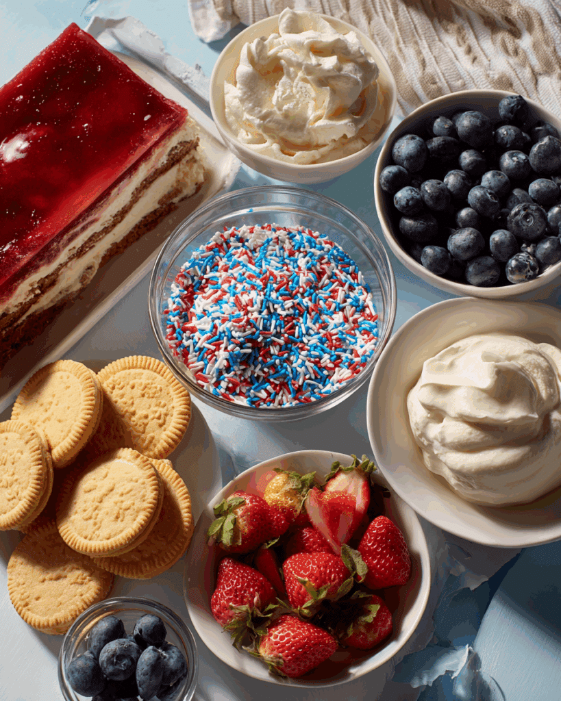 Ingredients for making Summer Berry Jello Lasagna.