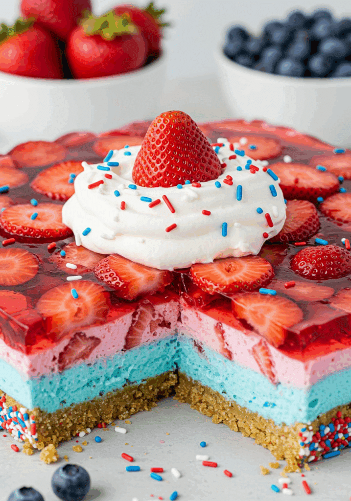 Layered Summer Berry Jello Lasagna with red, white, and blue sprinkles.