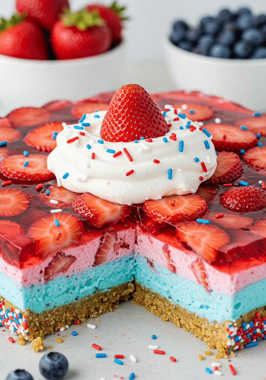 Layered Summer Berry Jello Lasagna with red, white, and blue sprinkles.