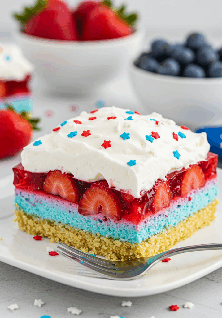 A served slice of Summer Berry Jello Lasagna with whipped cream and sprinkles.