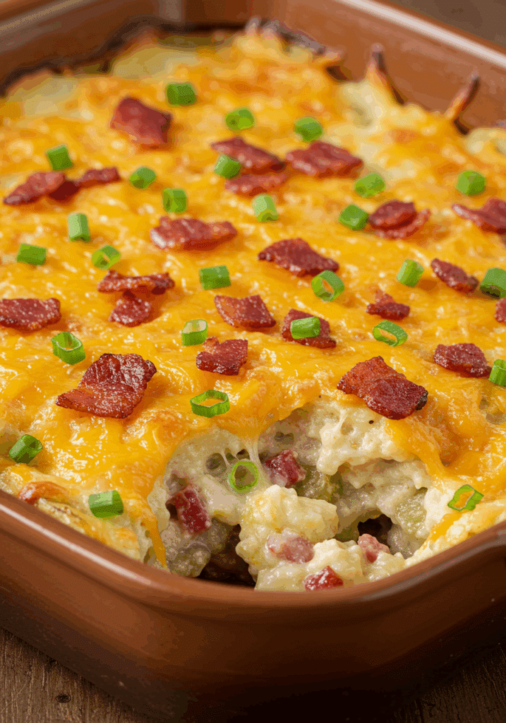 Golden and bubbling Twice Baked Potato Casserole in a baking dish.