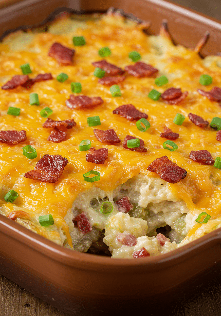 Golden and bubbling Twice Baked Potato Casserole in a baking dish.