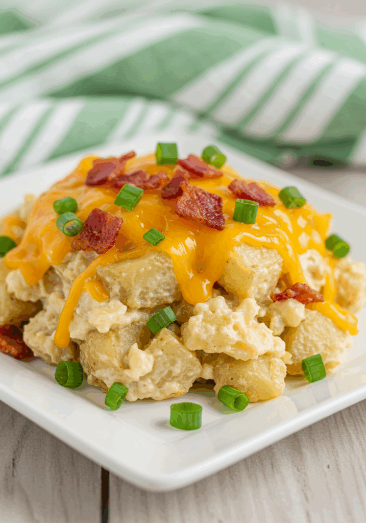 A serving of warm Twice Baked Potato Casserole with green onions.
