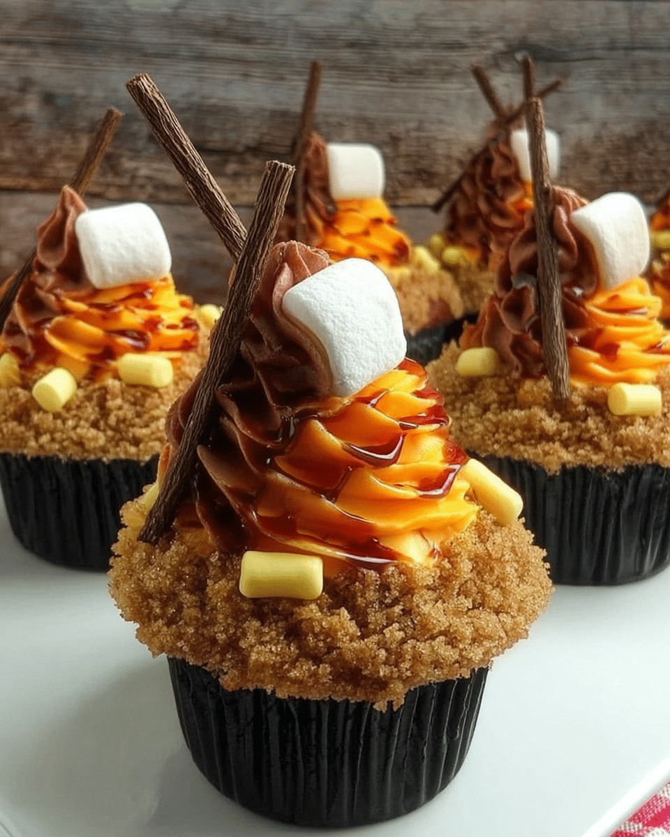 Adorable Campfire Cupcakes with flame frosting and toasted marshmallows.