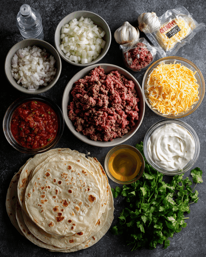 Ingredients for making Crunchy Beef Cheese Wraps.