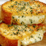 A perfectly golden and gooey Garlic Bread Grilled Cheese sandwich, sliced.