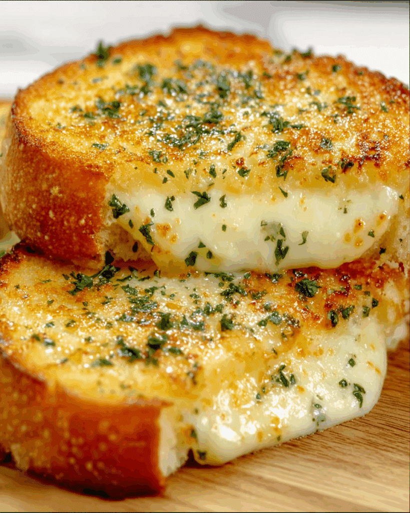A perfectly golden and gooey Garlic Bread Grilled Cheese sandwich, sliced.