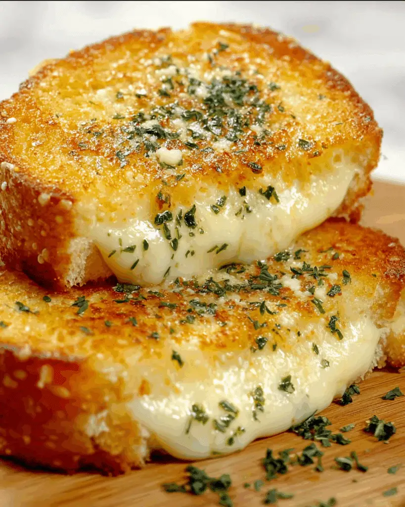 A served Garlic Bread Grilled Cheese with marinara for dipping.