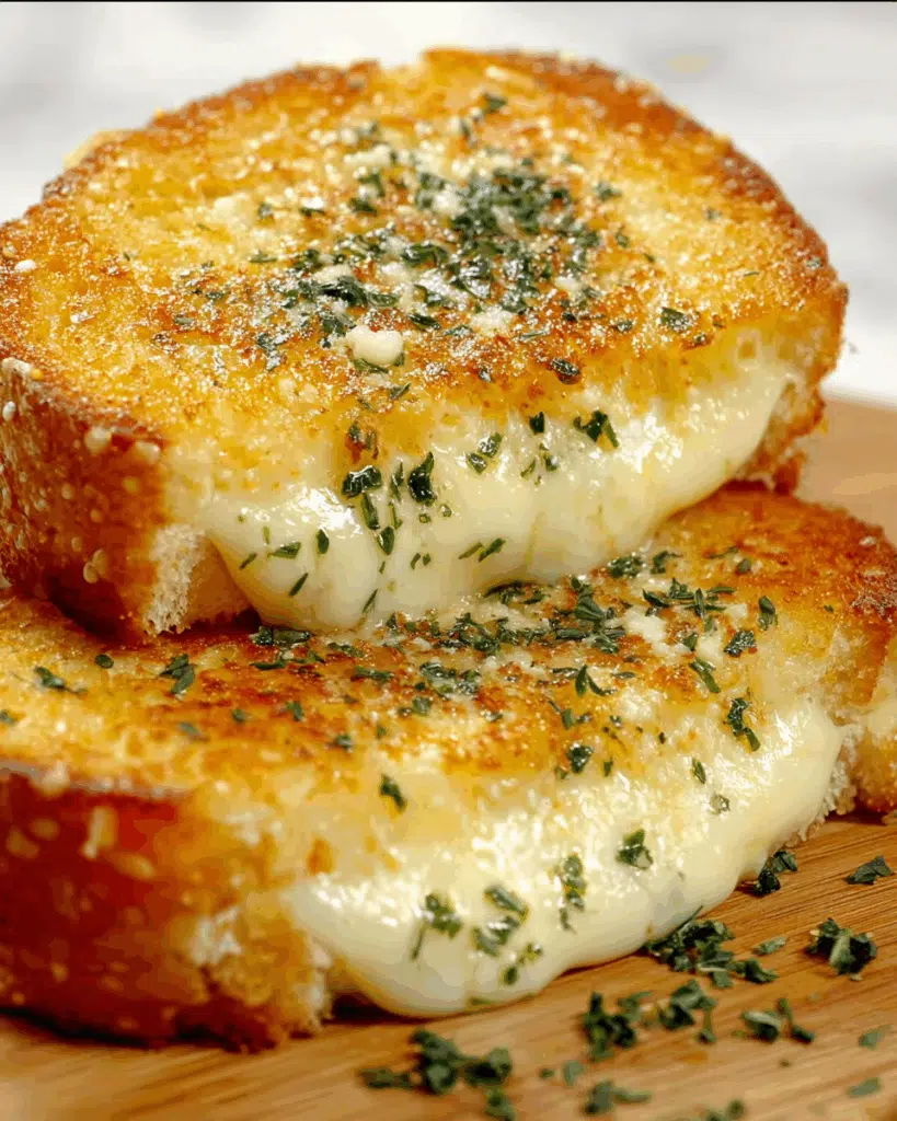 A served Garlic Bread Grilled Cheese with marinara for dipping.