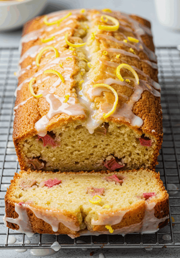 Delicious Lemon Rhubarb Loaf with Glaze, sliced and ready to eat.