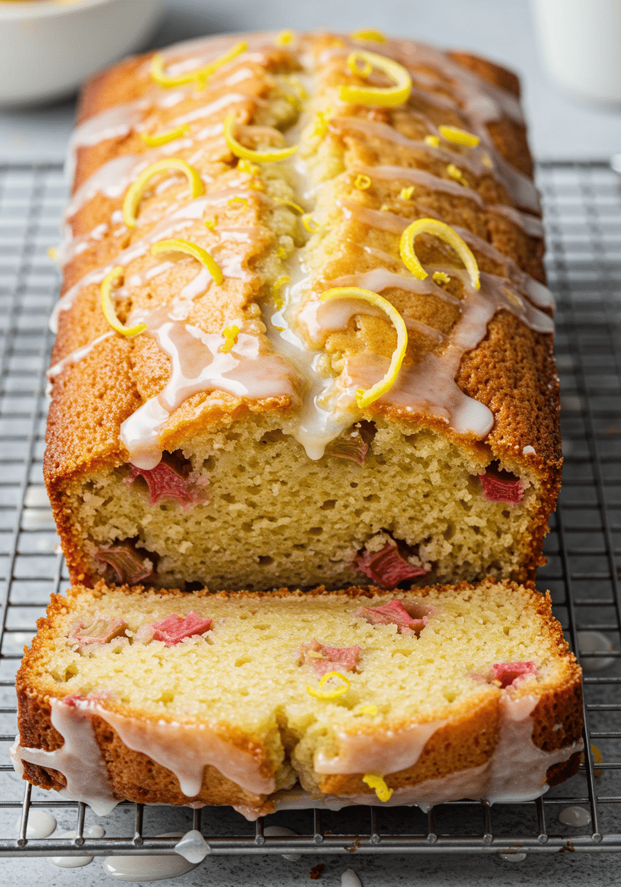 Delicious Lemon Rhubarb Loaf with Glaze, sliced and ready to eat.