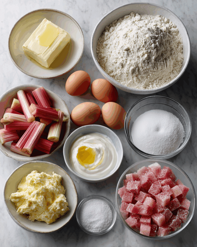 All the ingredients needed for Lemon Rhubarb Loaf with Glaze.