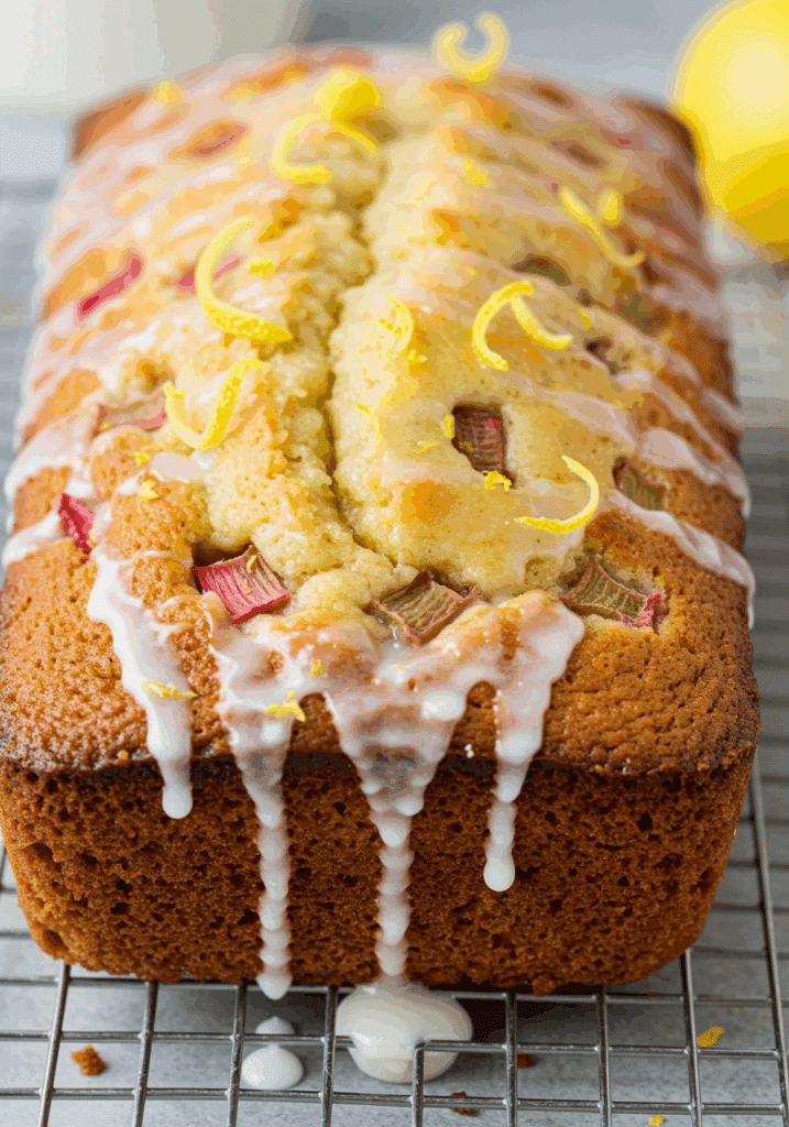 Lemon Rhubarb Loaf with Glaze recipe card for saving.