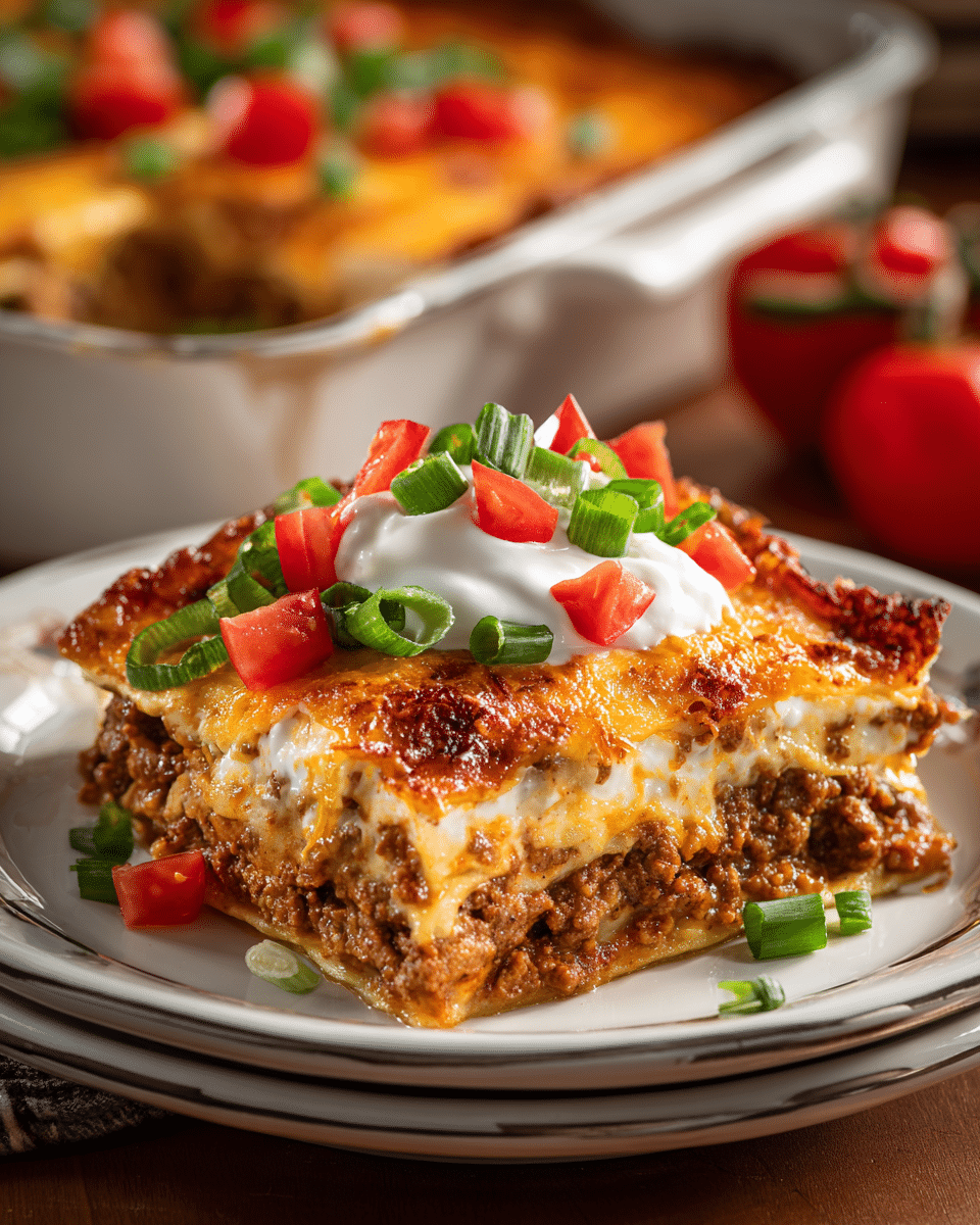 Hearty and bubbling Mexican Lasagna Layered Casserole.