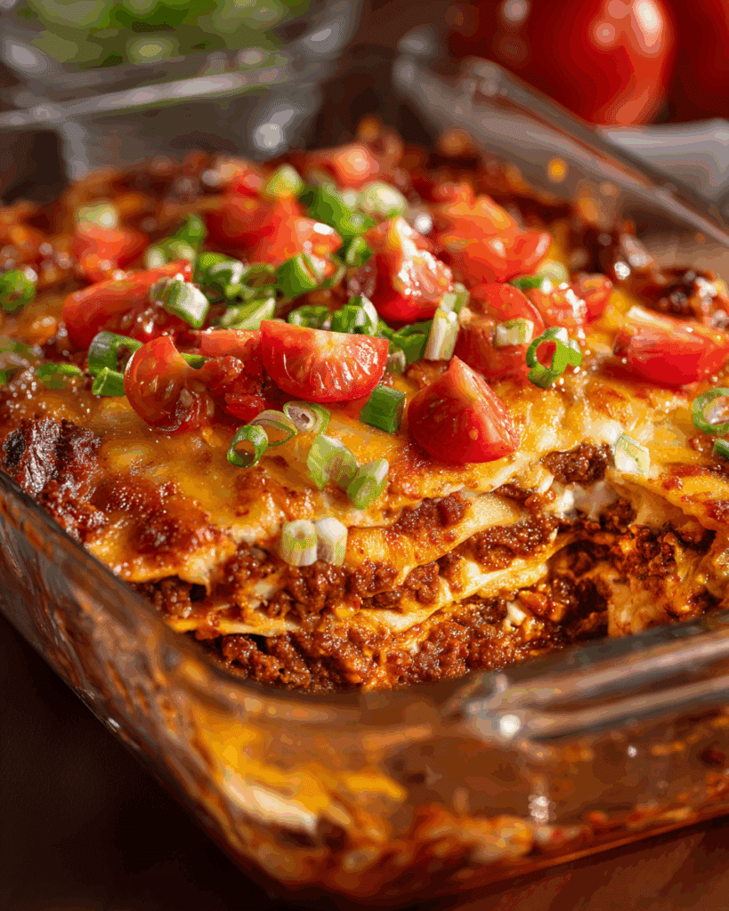 A served slice of Mexican Lasagna Layered Casserole with toppings.