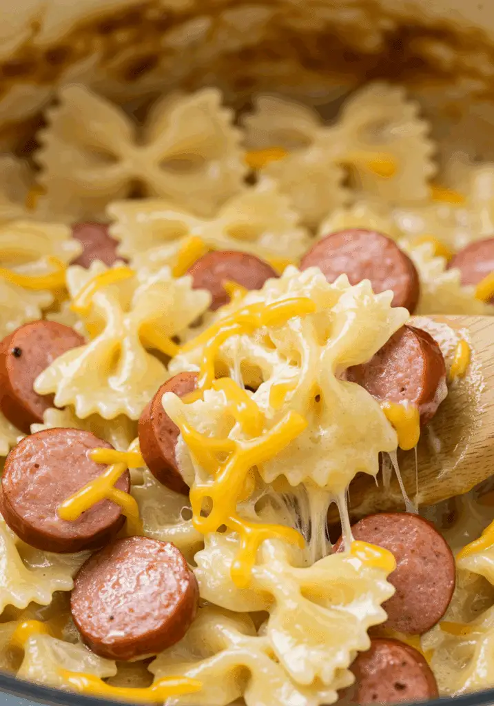 Creamy One-Pot Smoked Sausage Pasta in a Dutch oven
