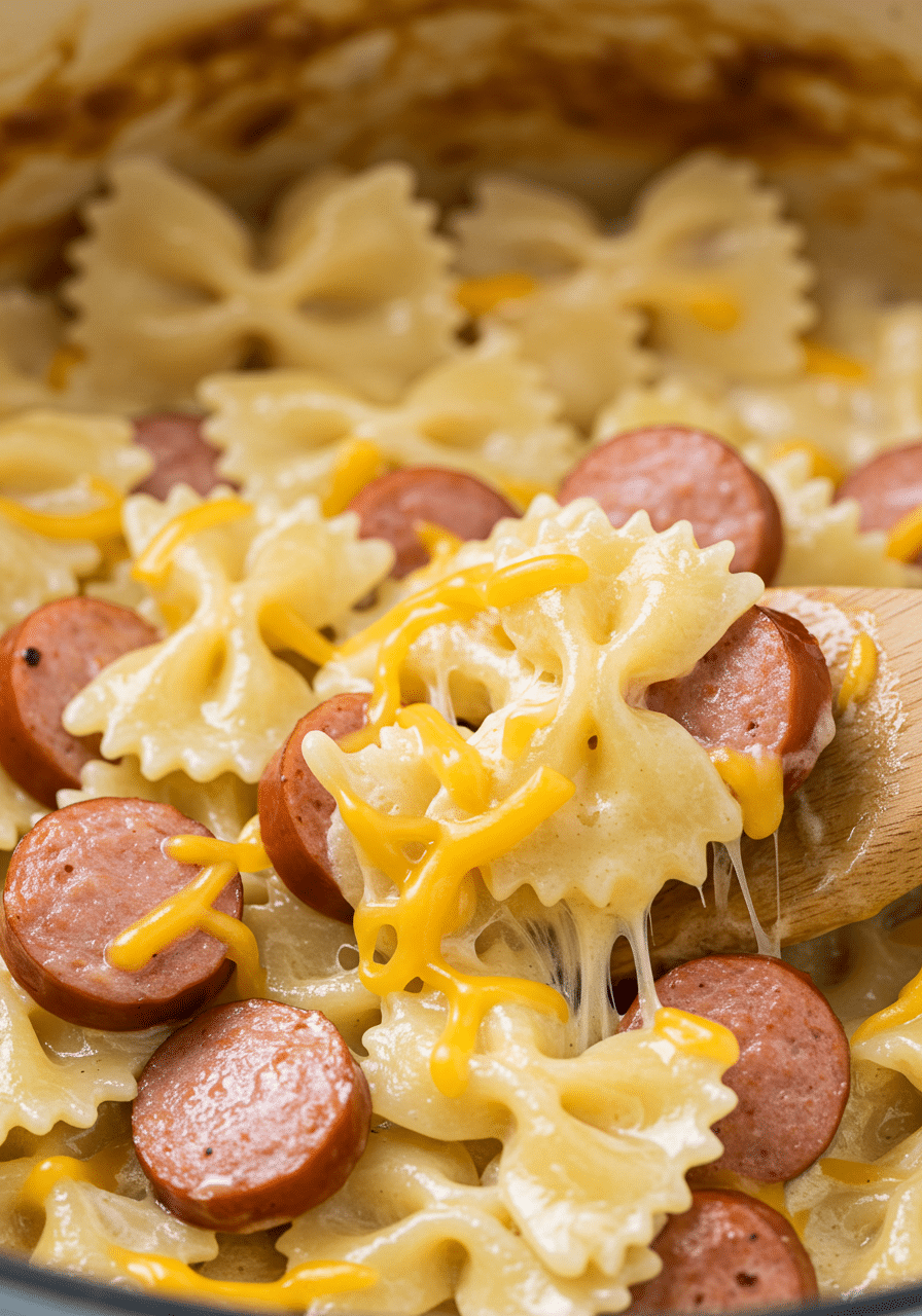 Creamy One-Pot Smoked Sausage Pasta in a Dutch oven