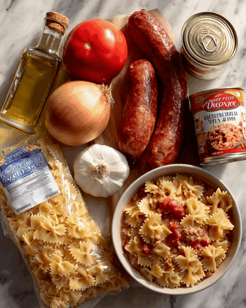 Ingredients for making One-Pot Smoked Sausage Pasta.