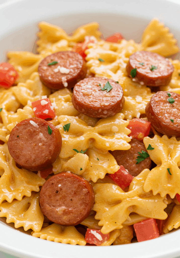 A bowl of delicious One-Pot Smoked Sausage Pasta ready to eat.