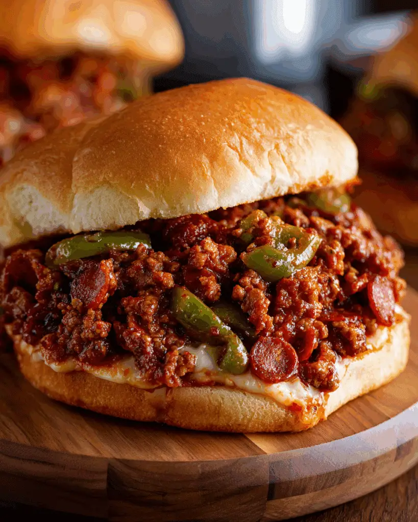 Delicious and messy Pepperoni Pizza Sloppy Joe sandwich.