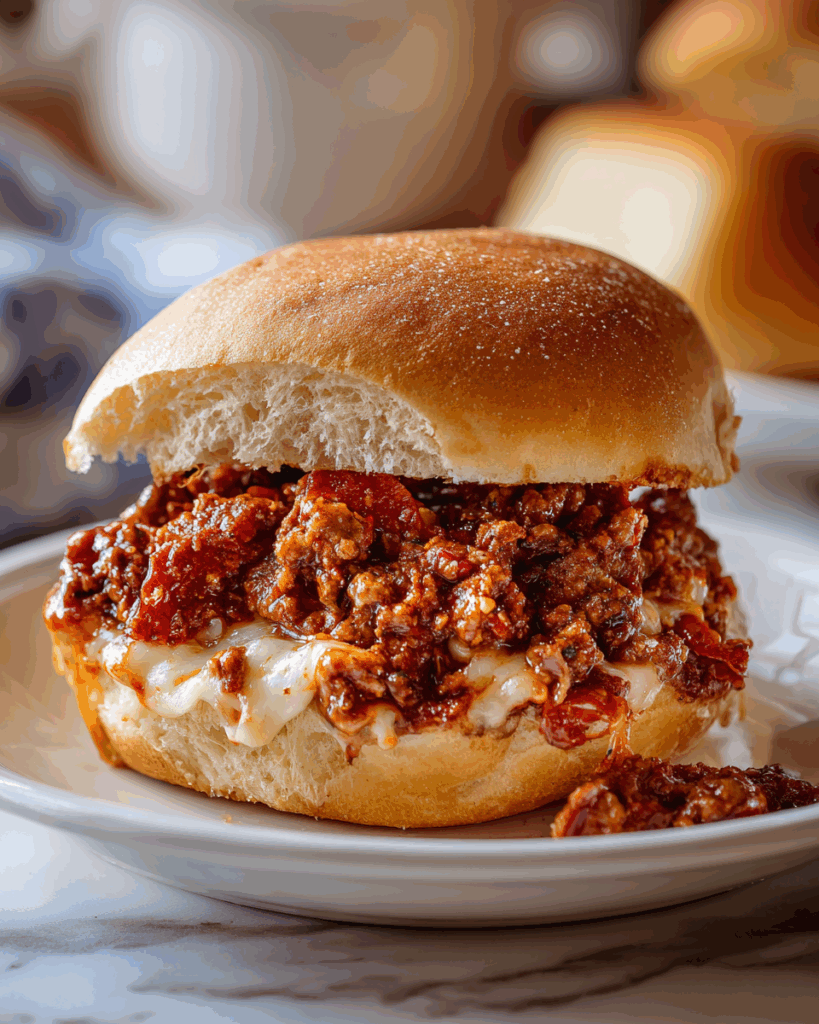 A served Pepperoni Pizza Sloppy Joe sandwich, ready to eat.