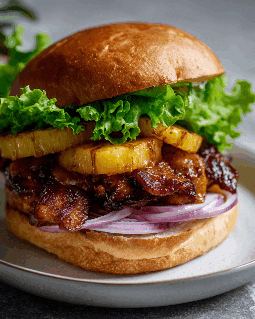 Served Pineapple Bacon Burger Oven BBQ on a bun with toppings.