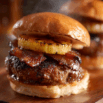 Juicy Pineapple Bacon Burger Oven BBQ on a toasted bun.