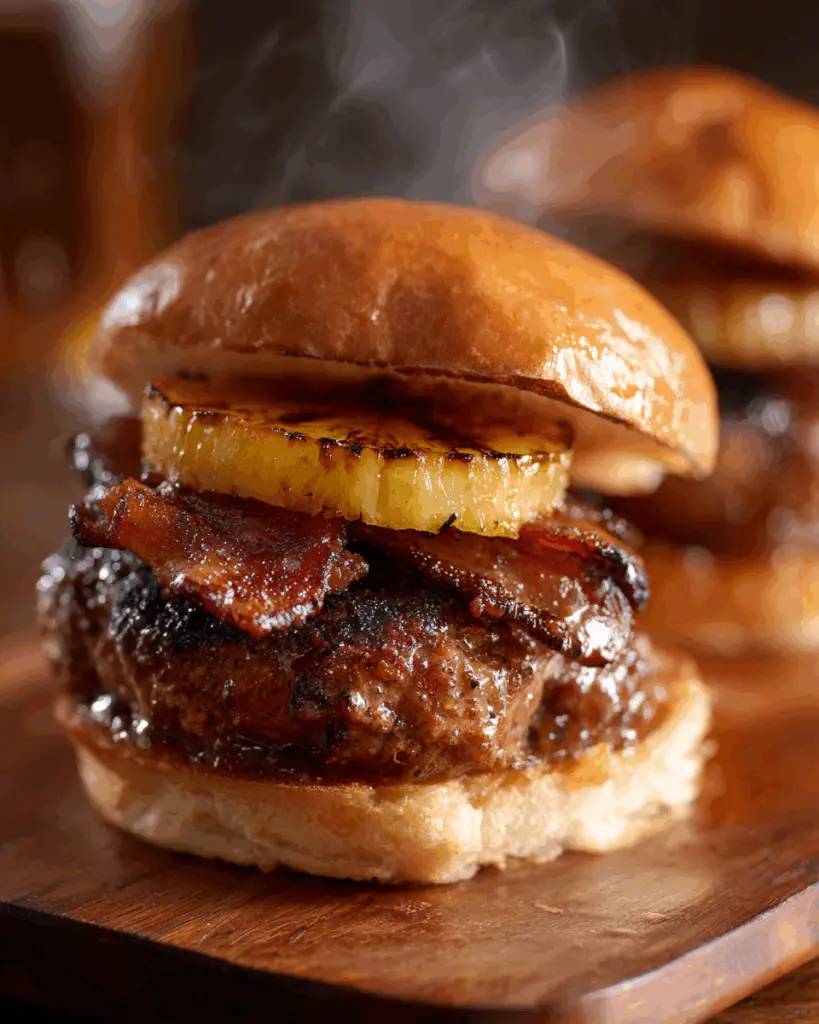 Juicy Pineapple Bacon Burger Oven BBQ on a toasted bun.
