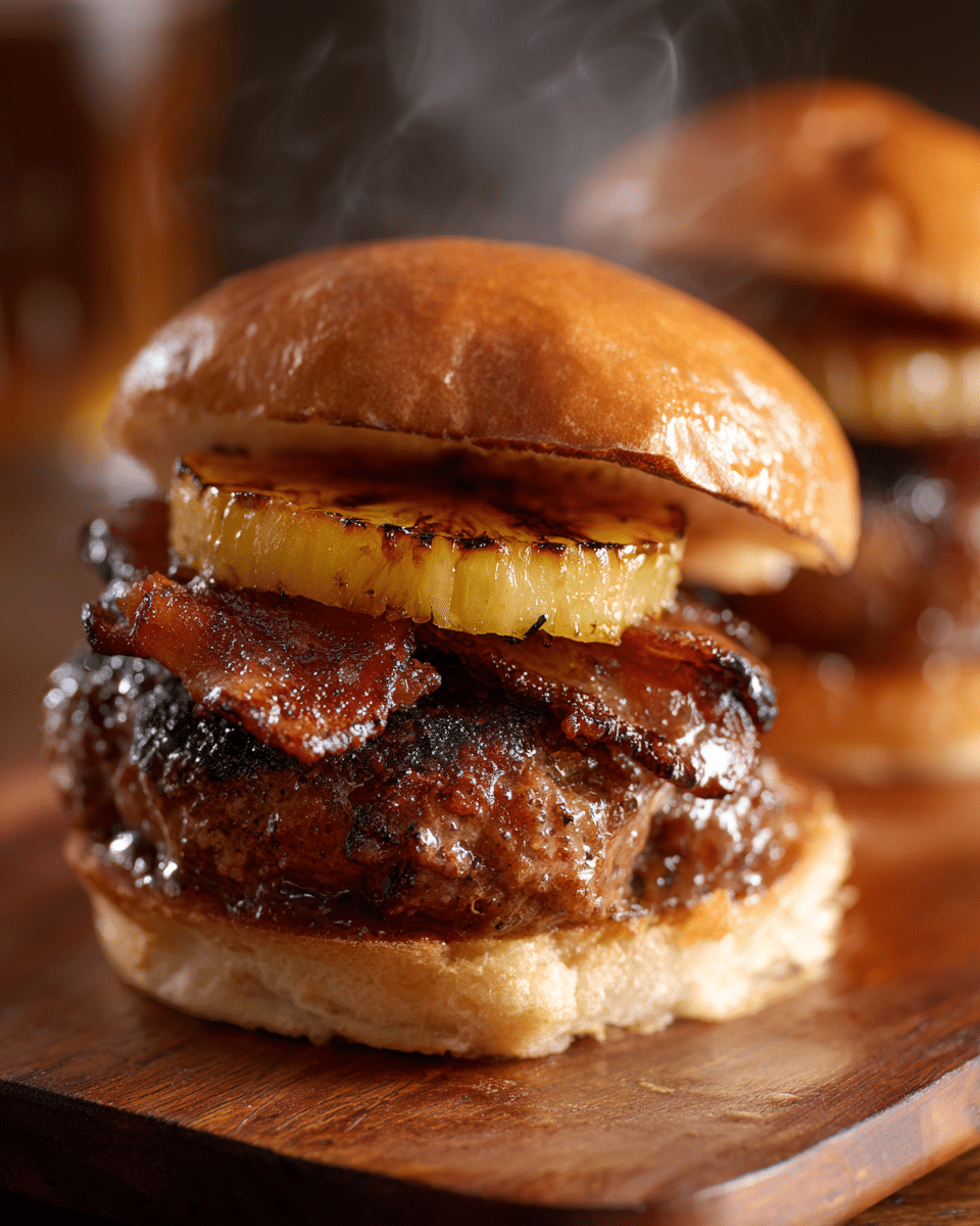 Juicy Pineapple Bacon Burger Oven BBQ on a toasted bun.